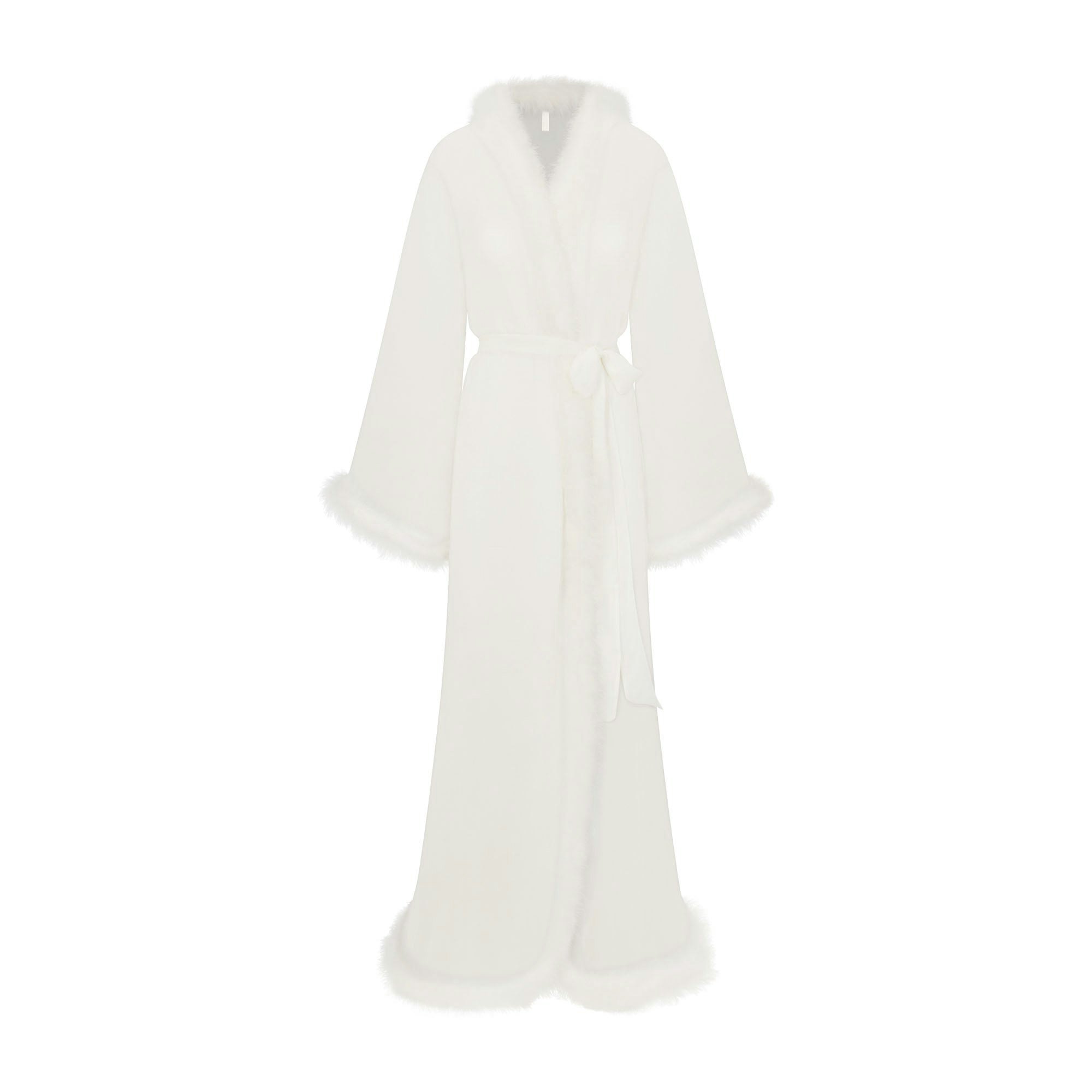 BRIDAL SLEEP FEATHER TRIM LONG ROBE | IVORY FLAT ON A WHITE BACKGROUND | FLT