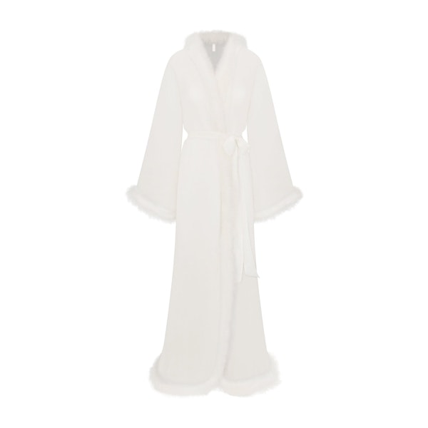 BRIDAL SLEEP FEATHER TRIM LONG ROBE | IVORY FLAT ON A WHITE BACKGROUND | FLT
