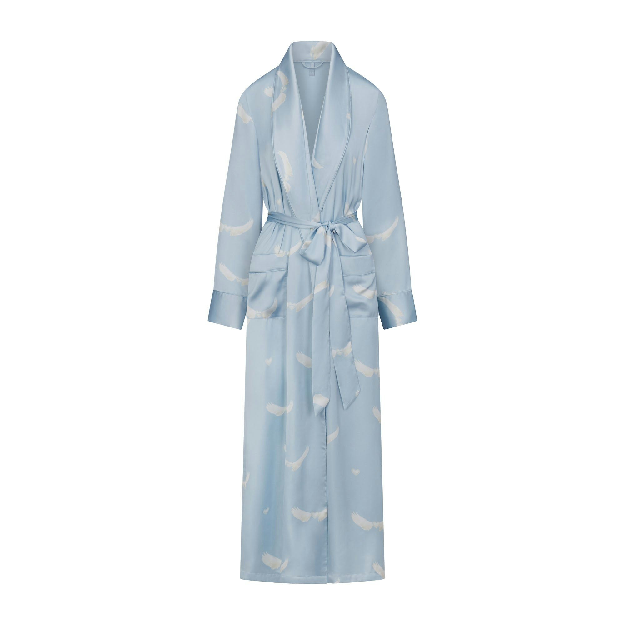 WOVEN SHINE LONG ROBE | AERO WING HEARTS PRINT LAYS FLAT ON A WHITE BACKGROUND | FLT 