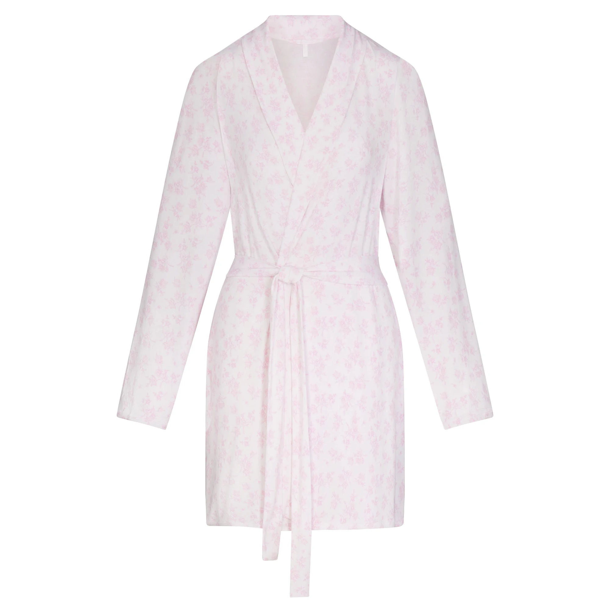 SKIMS SLEEP SHORT ROBE | SNOW DELICATE FLORAL PRINT FLAT ON A WHITE BACKGROUND | FLT