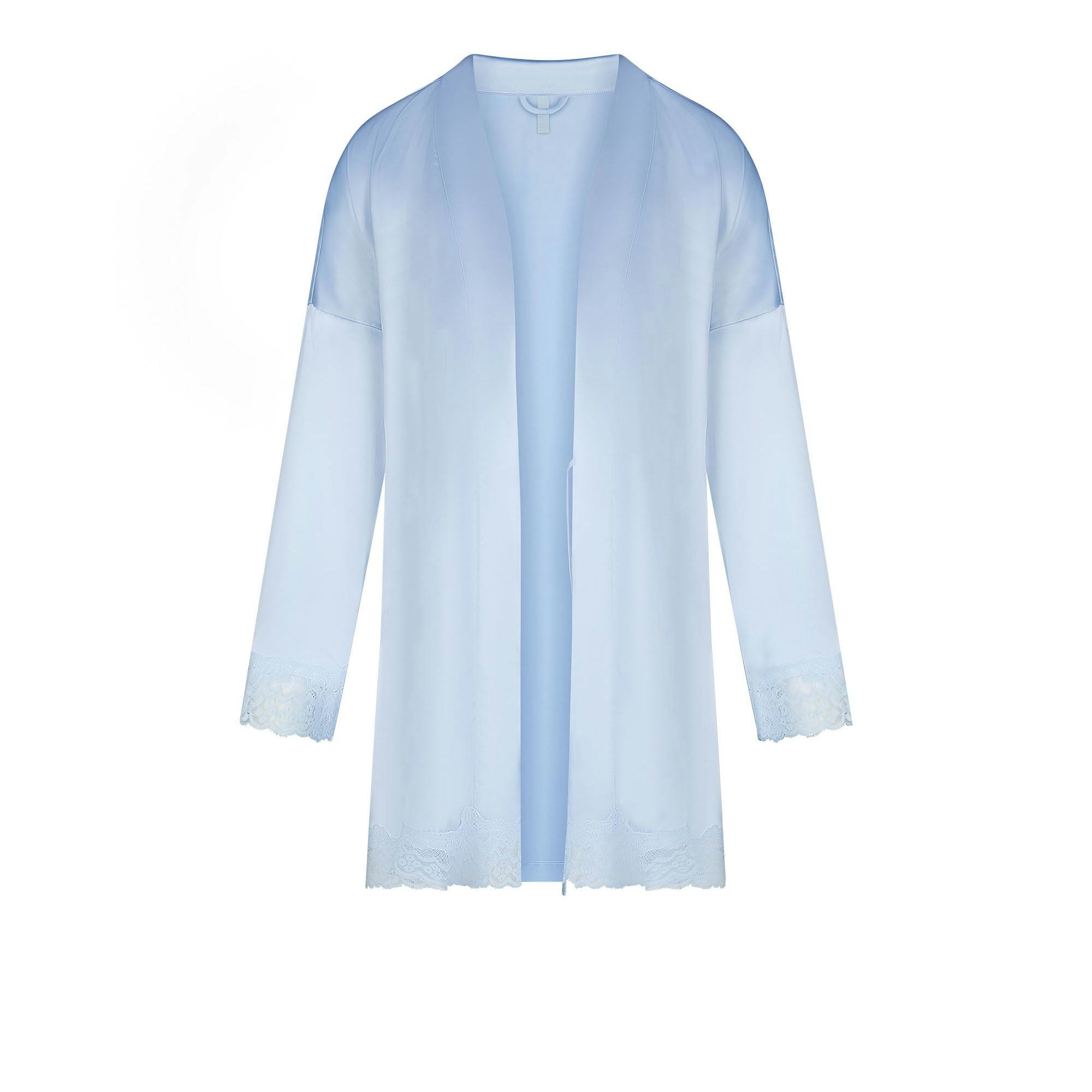 SKIMS HOTEL SHINE LACE SHORT ROBE | CELESTE ON A MODEL FRONT VIEW