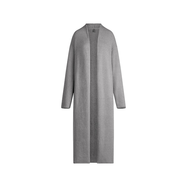 TEXTURED KNIT LONG CARDIGAN | DARK HEATHER GREY FLAT ON A WHITE BACKGROUND | FLT