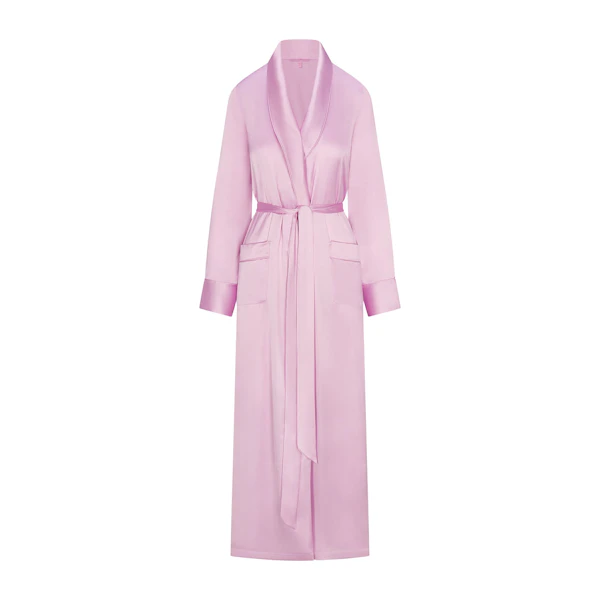 WOVEN SHINE LONG ROBE | PINK ROSE FLAT ON A WHITE BACKGROUND | FLT