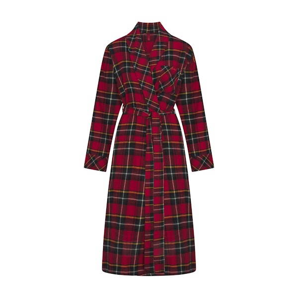 FLANNEL SLEEP LONG ROBE | RED HOLIDAY PLAID FLAT ON A WHITE BACKGROUND | FLT