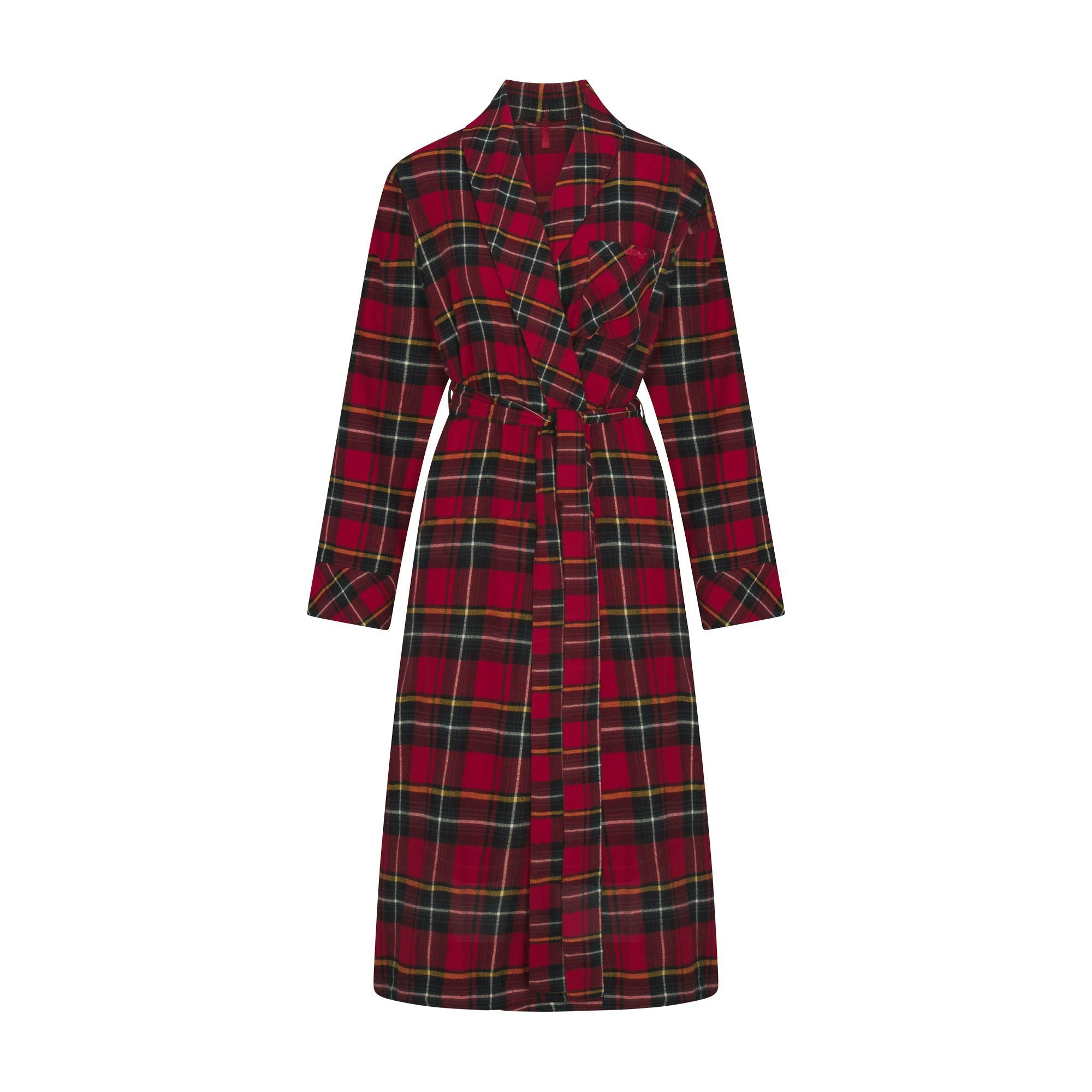 FLANNEL SLEEP LONG ROBE | RED HOLIDAY PLAID FLAT ON A WHITE BACKGROUND | FLT