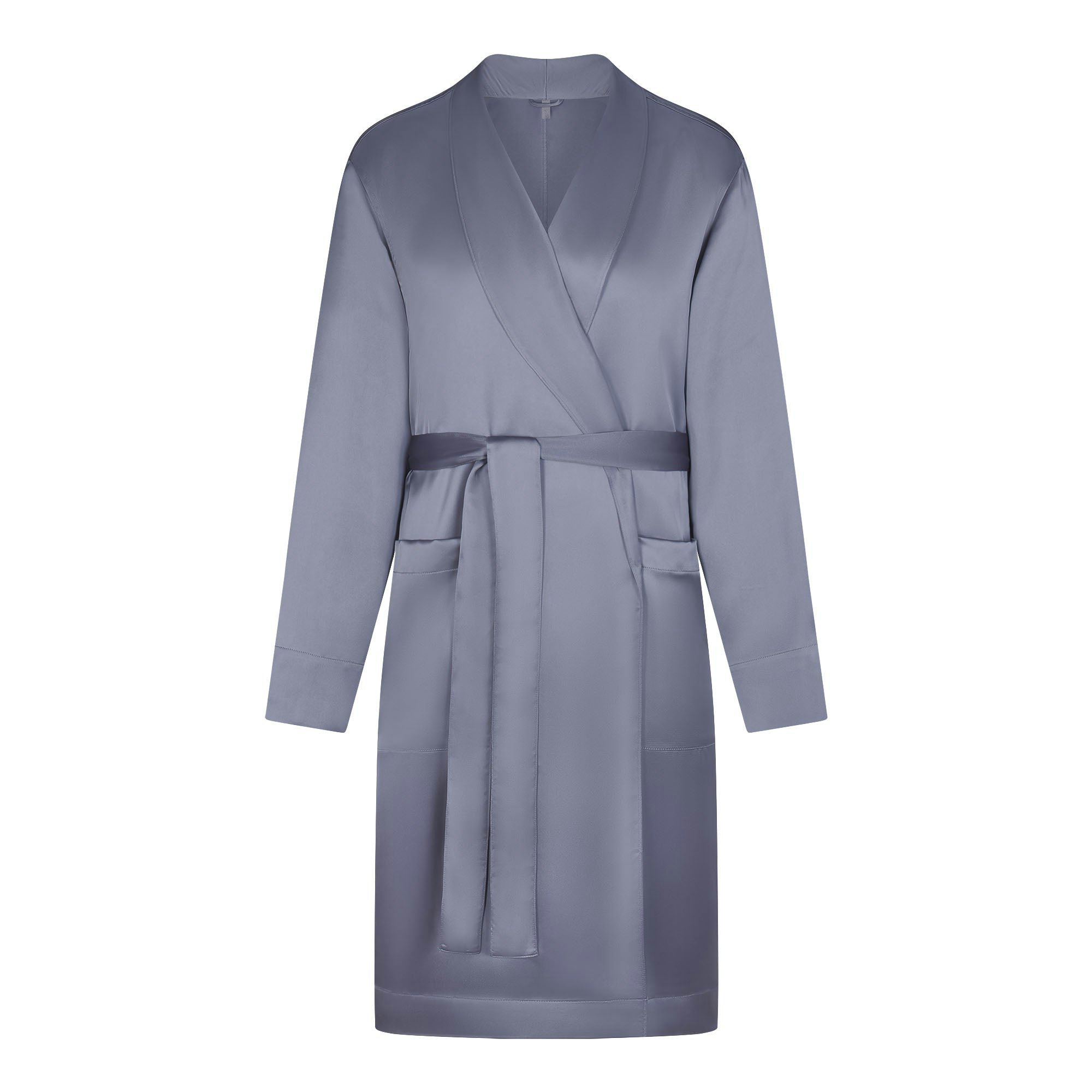 SATEEN SLEEP MENS ROBE | SLATE (MENS SHORT ROBES, MENS ROBES) LAYS FLAT ON A WHITE BACKGROUND