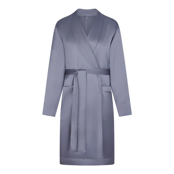 SATEEN SLEEP MENS ROBE | SLATE (MENS SHORT ROBES, MENS ROBES) LAYS FLAT ON A WHITE BACKGROUND