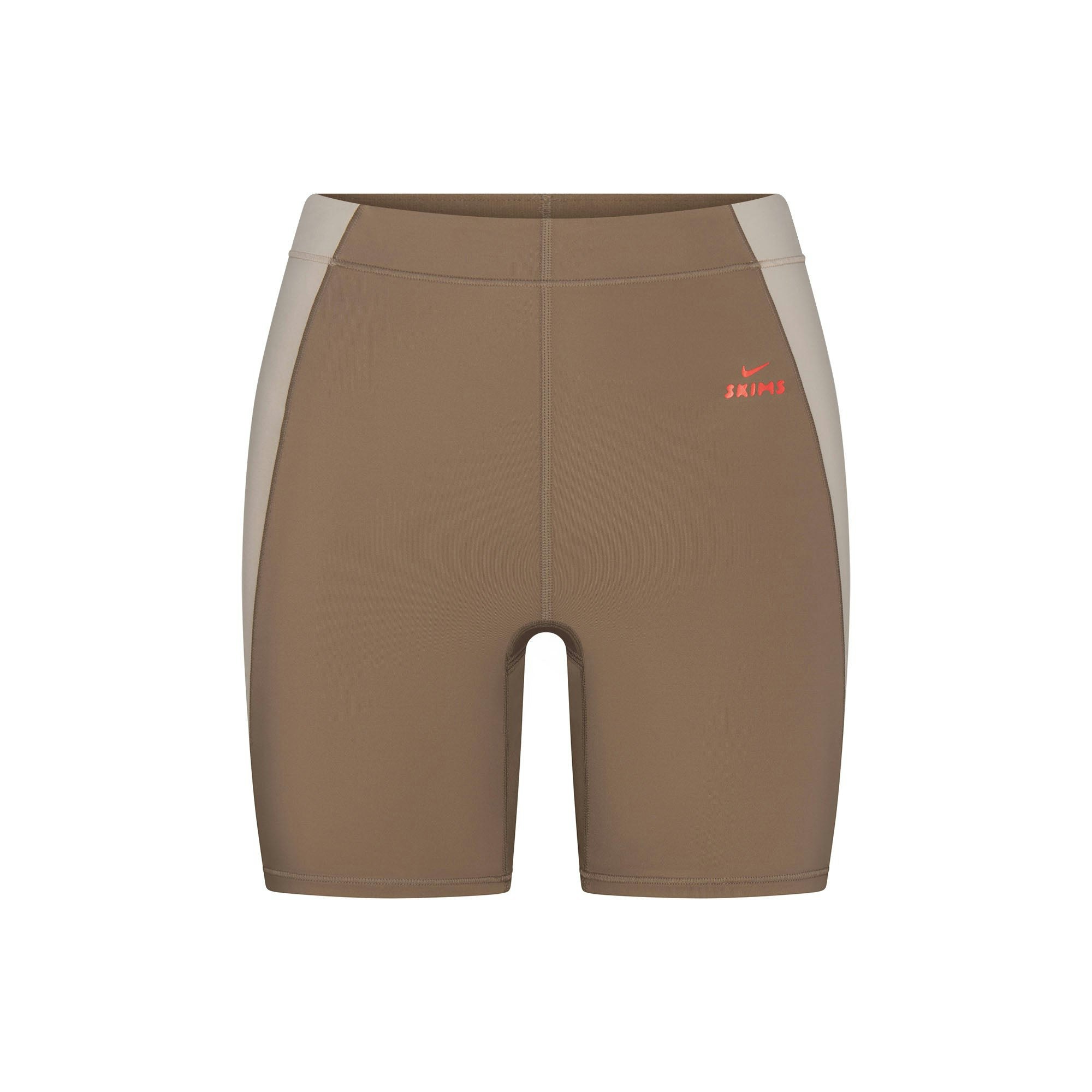 NikeSKIMS SHINE 5" BIKER SHORT | TRUFFLE AND STONE FLAT ON A WHITE BACKGROUND | FLT