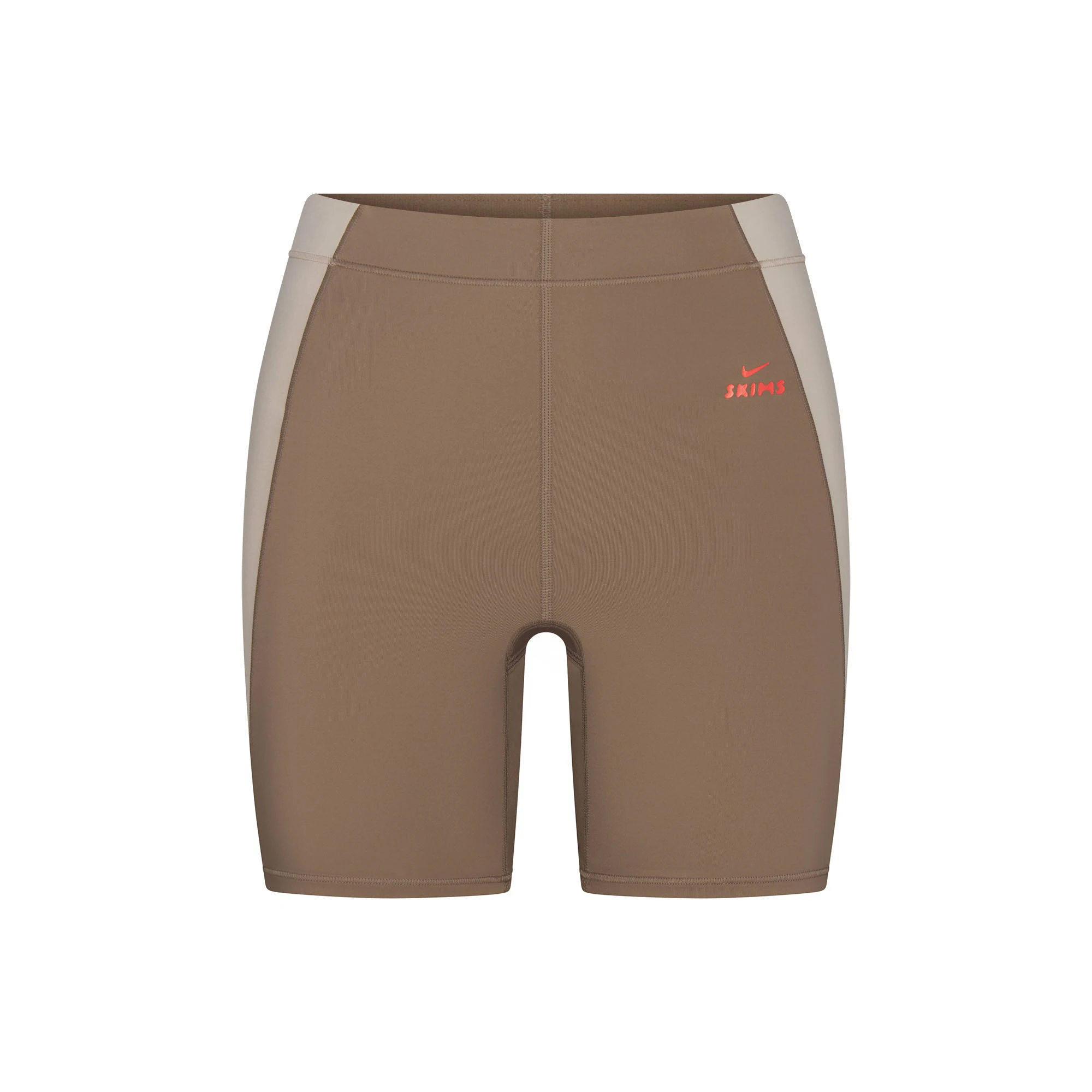NikeSKIMS SHINE 5" BIKER SHORT | TRUFFLE AND STONE FLAT ON A WHITE BACKGROUND | FLT
