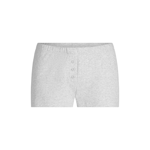HEAVY POINTELLE BUTTON FRONT SHORT | LIGHT HEATHER GREY FLAT ON A WHITE BACKGROUND @ | FLT