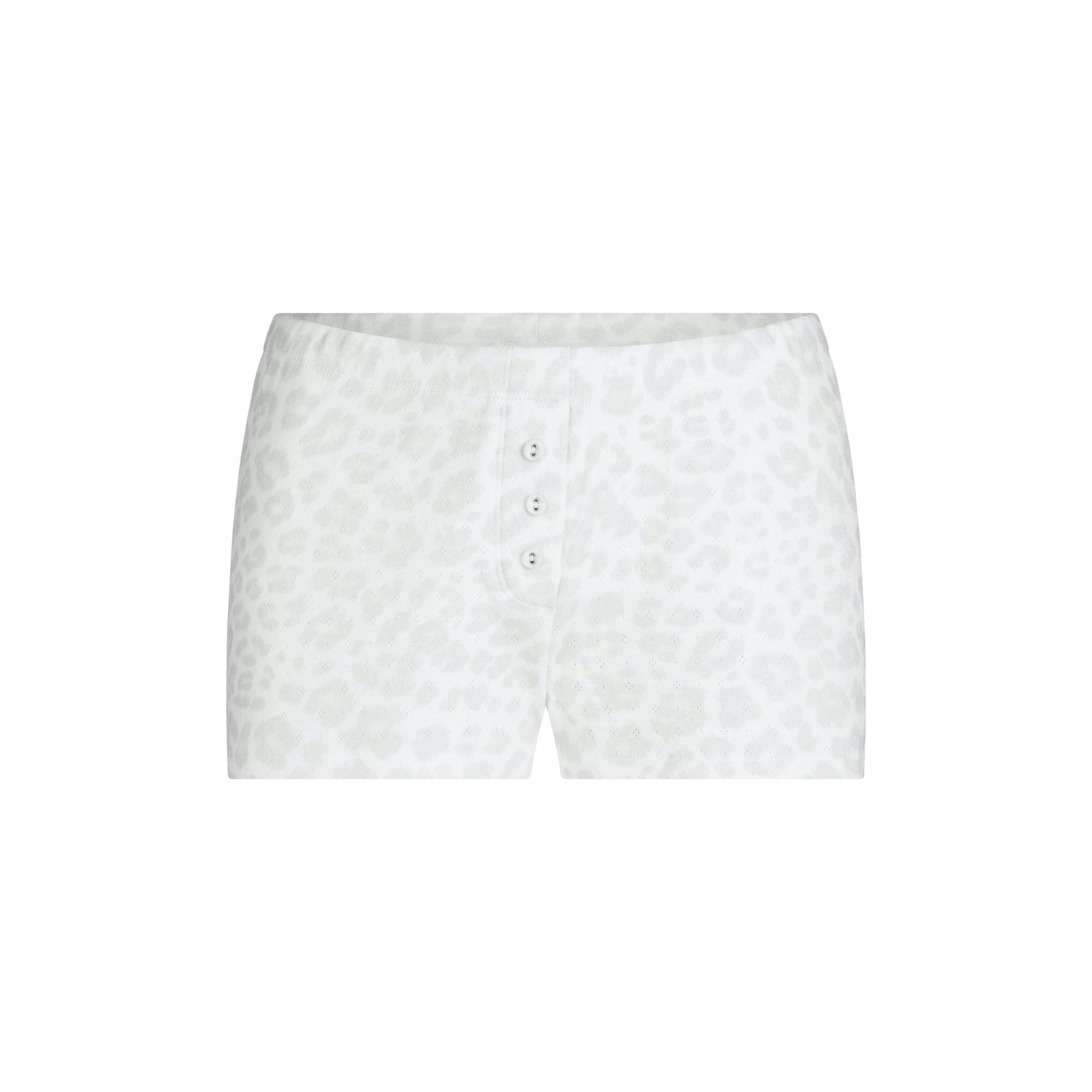 HEAVY POINTELLE BUTTON FRONT SHORT | PACIFIC LEOPARD PRINT FLAT ON A WHITE BACKGROUND @ | FLT