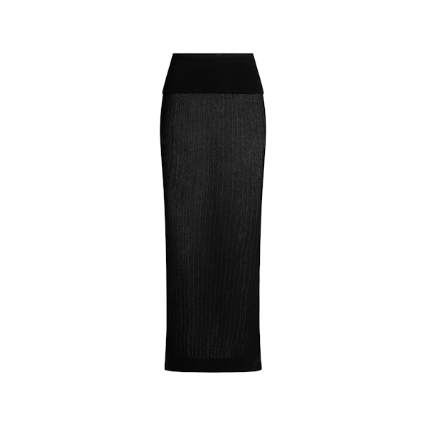 SHEER KNIT FOLDOVER LONG SKIRT | ONYX FLAT ON A WHITE BACKGROUND | FLT