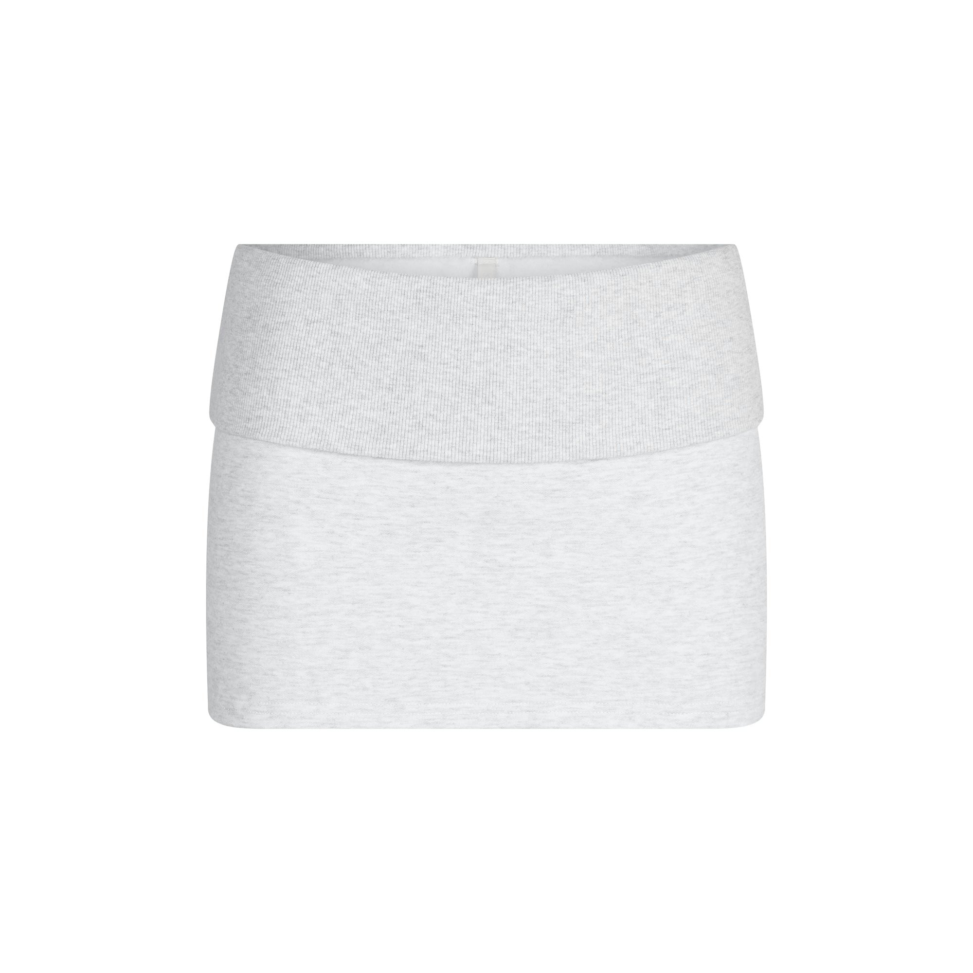 COTTON FLEECE FOLDOVER MINI SKIRT | LIGHT HEATHER GREY FLAT ON A WHITE BACKGROUND @ | FLT