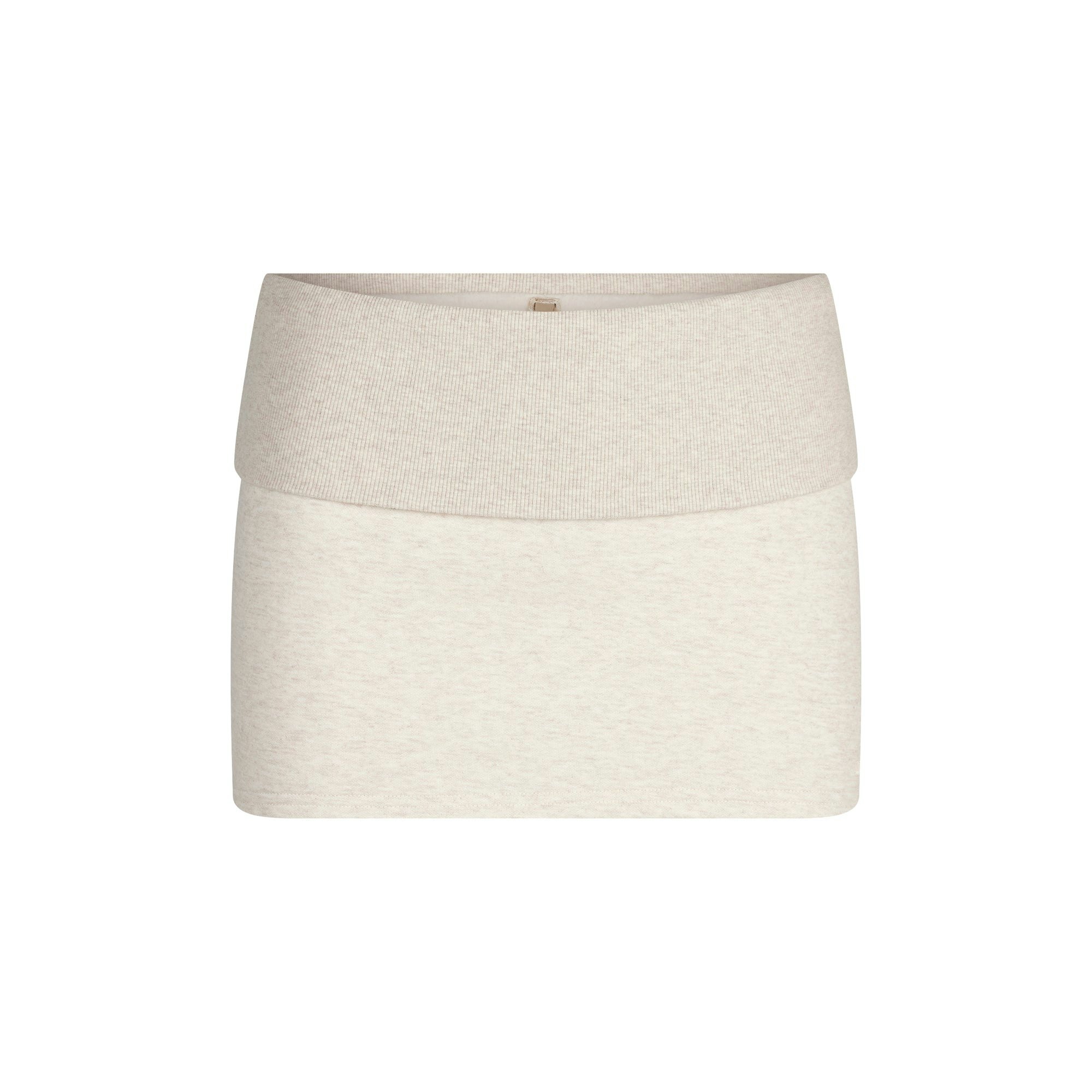 COTTON FLEECE FOLDOVER MINI SKIRT | OATMEAL HEATHER FLAT ON A WHITE BACKGROUND @ | FLT