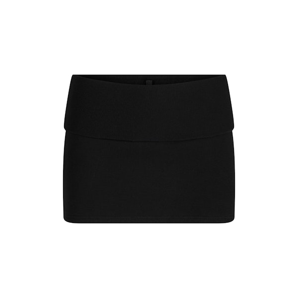COTTON FLEECE FOLDOVER MINI SKIRT | ONYX FLAT ON A WHITE BACKGROUND @ | FLT