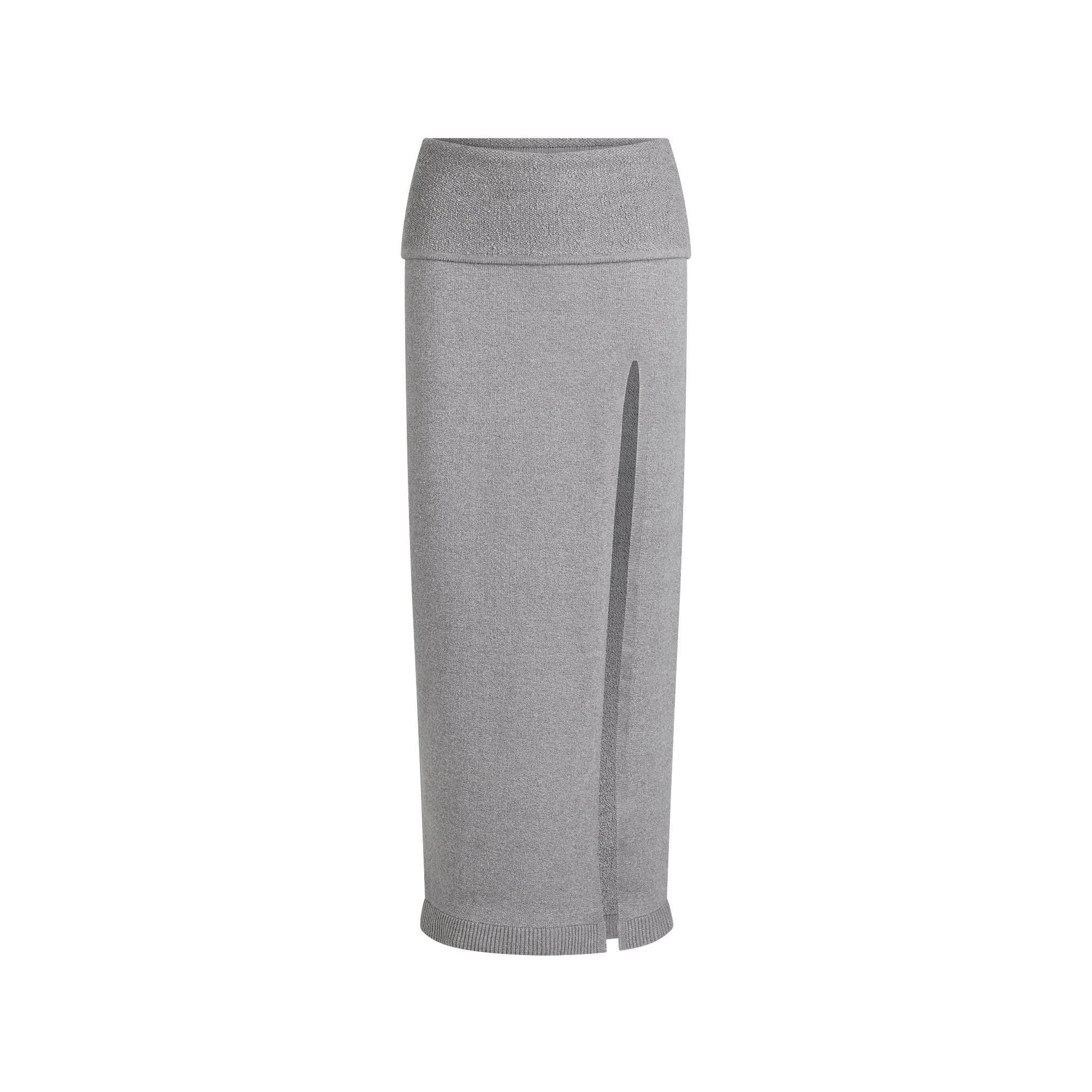 TEXTURED KNIT HIGH SLIT LONG SKIRT | DARK HEATHER GREY FLAT ON A WHITE BACKGROUND | FLT