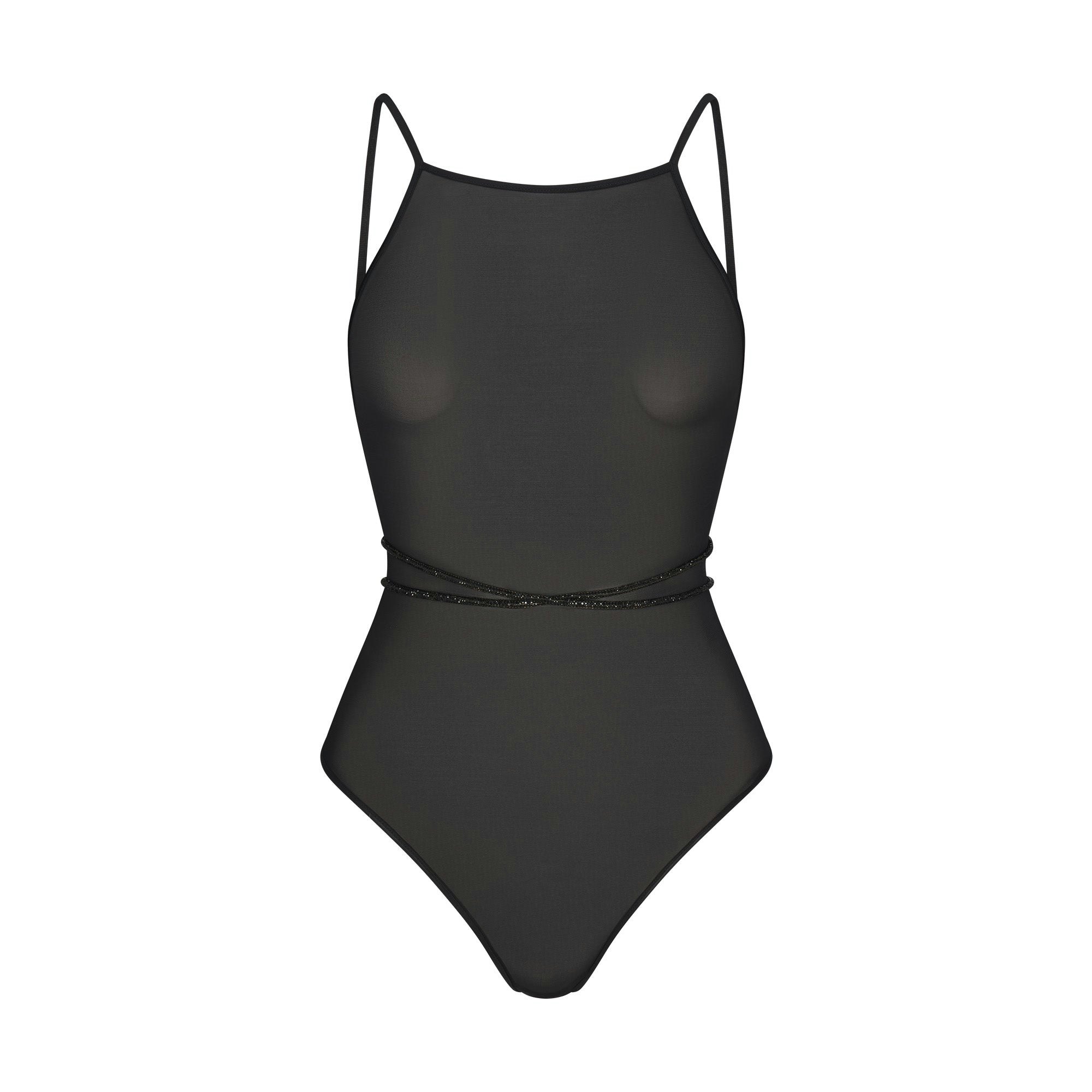 RHINESTONE KNIT OPEN BACK BODYSUIT | ONYX FLAT ON A WHITE BACKGROUND | FLT