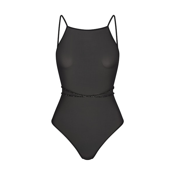 RHINESTONE KNIT OPEN BACK BODYSUIT | ONYX FLAT ON A WHITE BACKGROUND | FLT