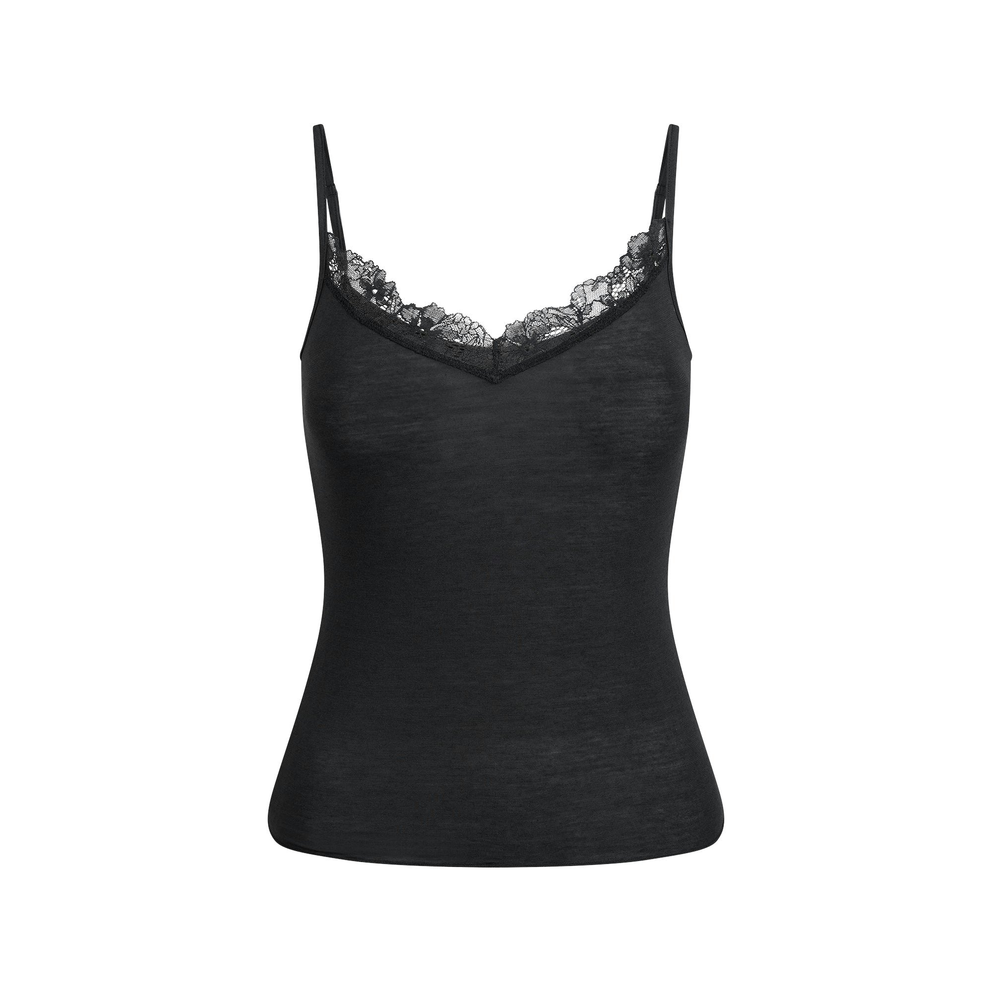 SHEER MODAL LACE CAMI | ONYX FLAT ON A WHITE BACKGROUND | FLT