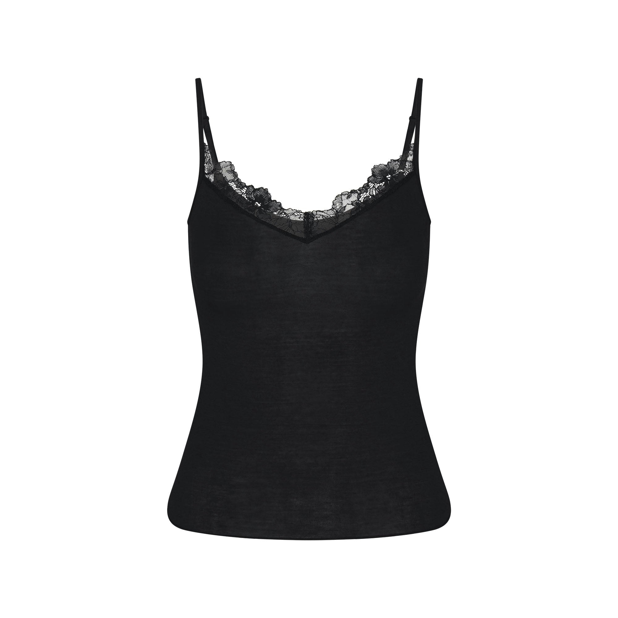 SHEER MODAL LACE CAMI | ONYX FLAT ON A WHITE BACKGROUND | FLT