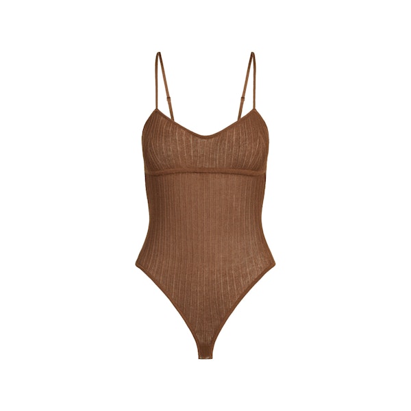 SHEER KNIT CAMI BODYSUIT | BISON FLAT ON A WHITE BACKGROUND | FLT