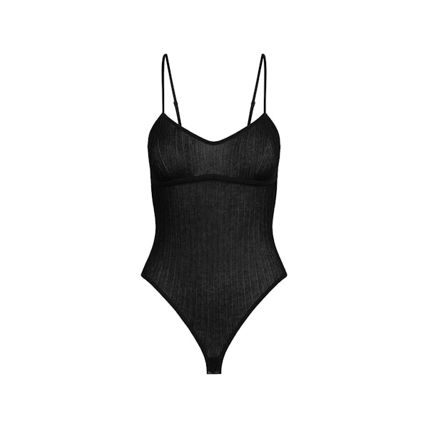 SHEER KNIT CAMI BODYSUIT | ONYX FLAT ON A WHITE BACKGROUND | FLT