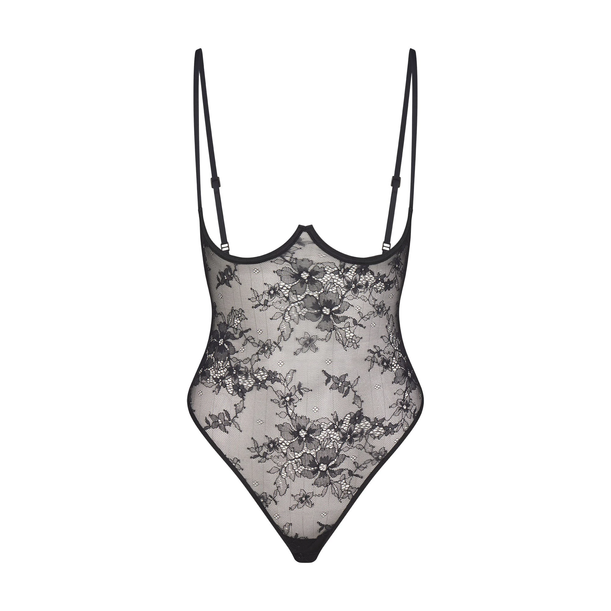 ULTRA FINE LACE OPEN CUP BODYSUIT | ONYX (BODYSUITS) FLAT ON A WHITE BACKGROUND | FLT