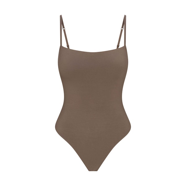 SMOOTH LOUNGE CAMI BODYSUIT | TRUFFLE FLAT ON A WHITE BACKGROUND | FLT | FLT