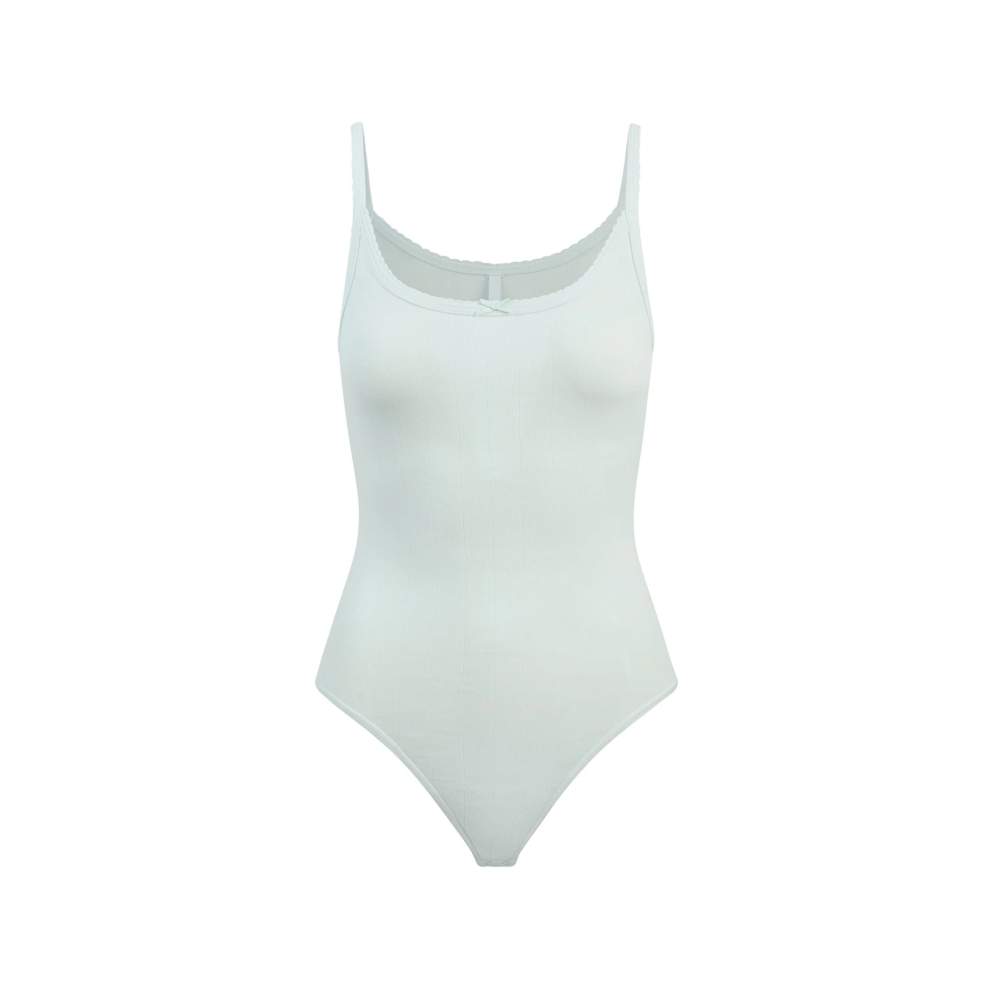 DROP NEEDLE POINTELLE CAMI BODYSUIT | FROST FLAT ON A WHITE BACKGROUND | FLT