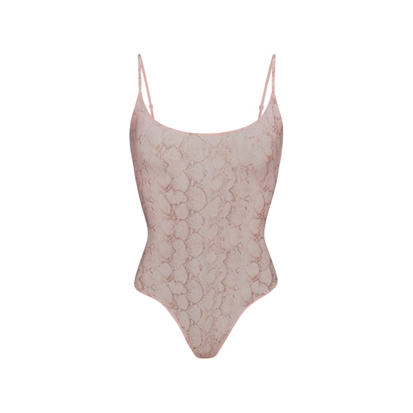 MILKY SHEER CAMI BODYSUIT | ROSE PASTEL SNAKE PRINT FLAT ON A WHITE BACKGROUND | FLT