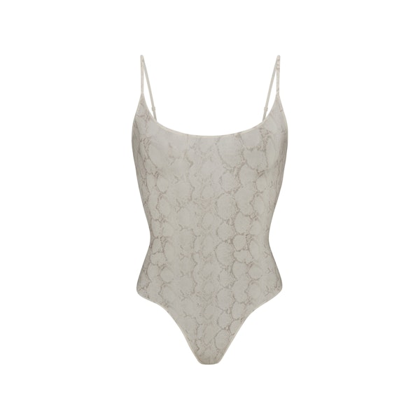 MILKY SHEER CAMI BODYSUIT | STONE PASTEL SNAKE PRINT FLAT ON A WHITE BACKGROUND | FLT