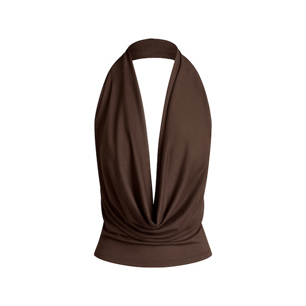 SMOOTH LAYERS DEEP PLUNGE HALTER TOP | ESPRESSO FLAT ON A WHITE BACKGROUND | FLT