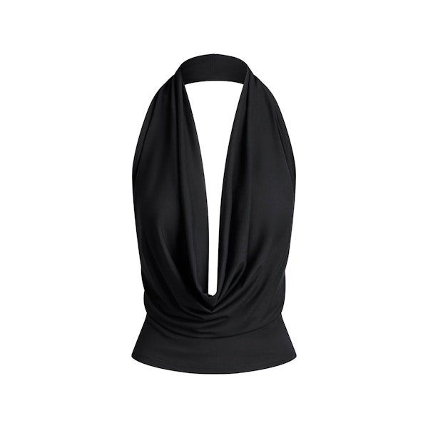 SMOOTH LAYERS DEEP PLUNGE HALTER TOP | OBSIDIAN FLAT ON A WHITE BACKGROUND | FLT