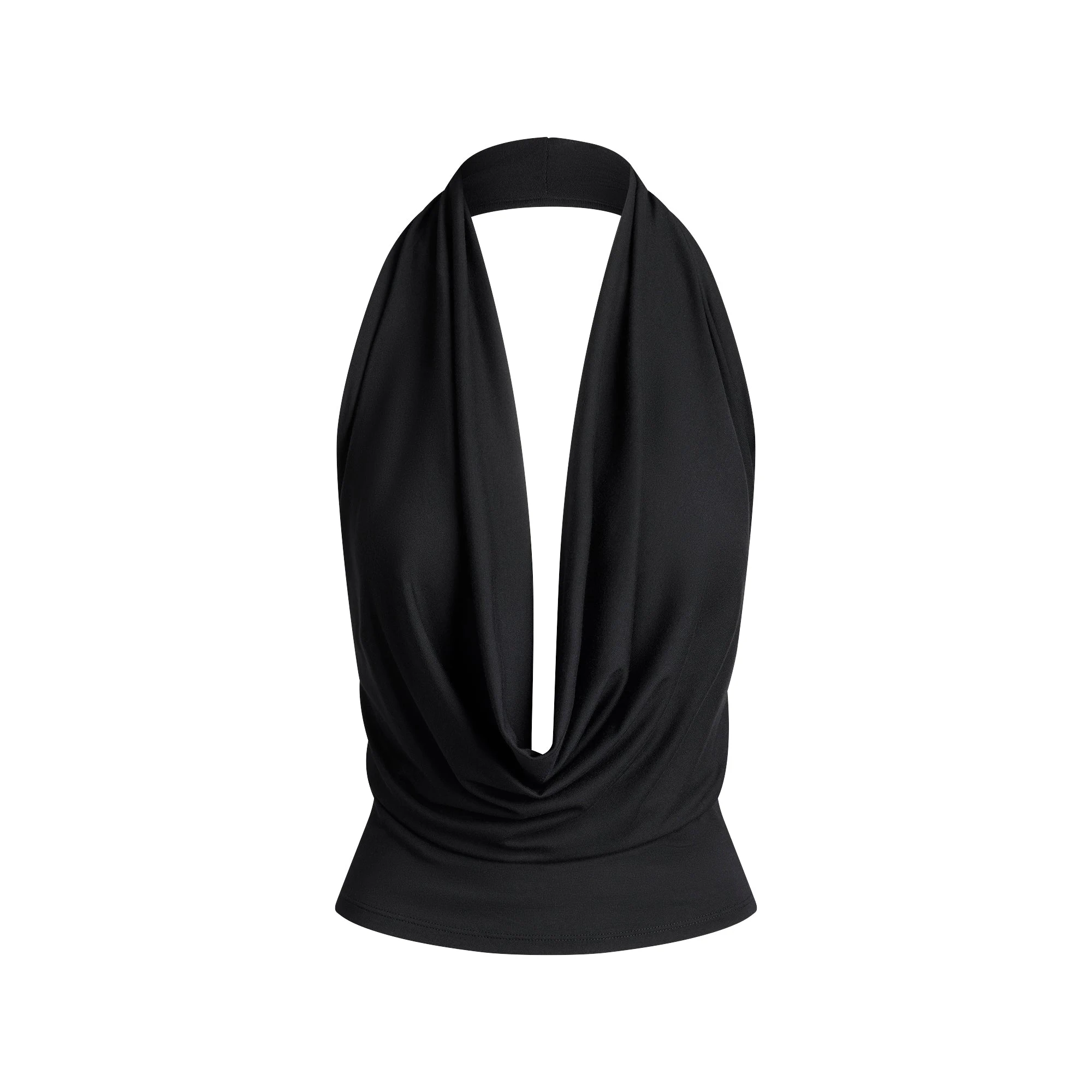 SMOOTH LAYERS DEEP PLUNGE HALTER TOP | OBSIDIAN FLAT ON A WHITE BACKGROUND | FLT