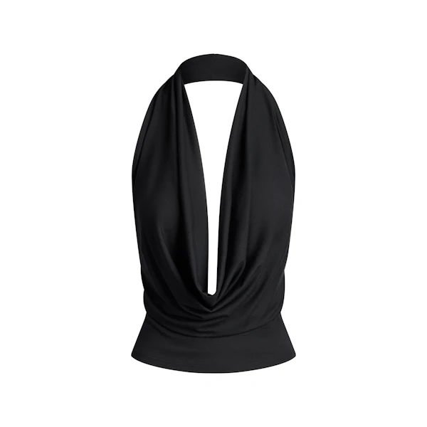 SMOOTH LAYERS DEEP PLUNGE HALTER TOP | OBSIDIAN FLAT ON A WHITE BACKGROUND | FLT