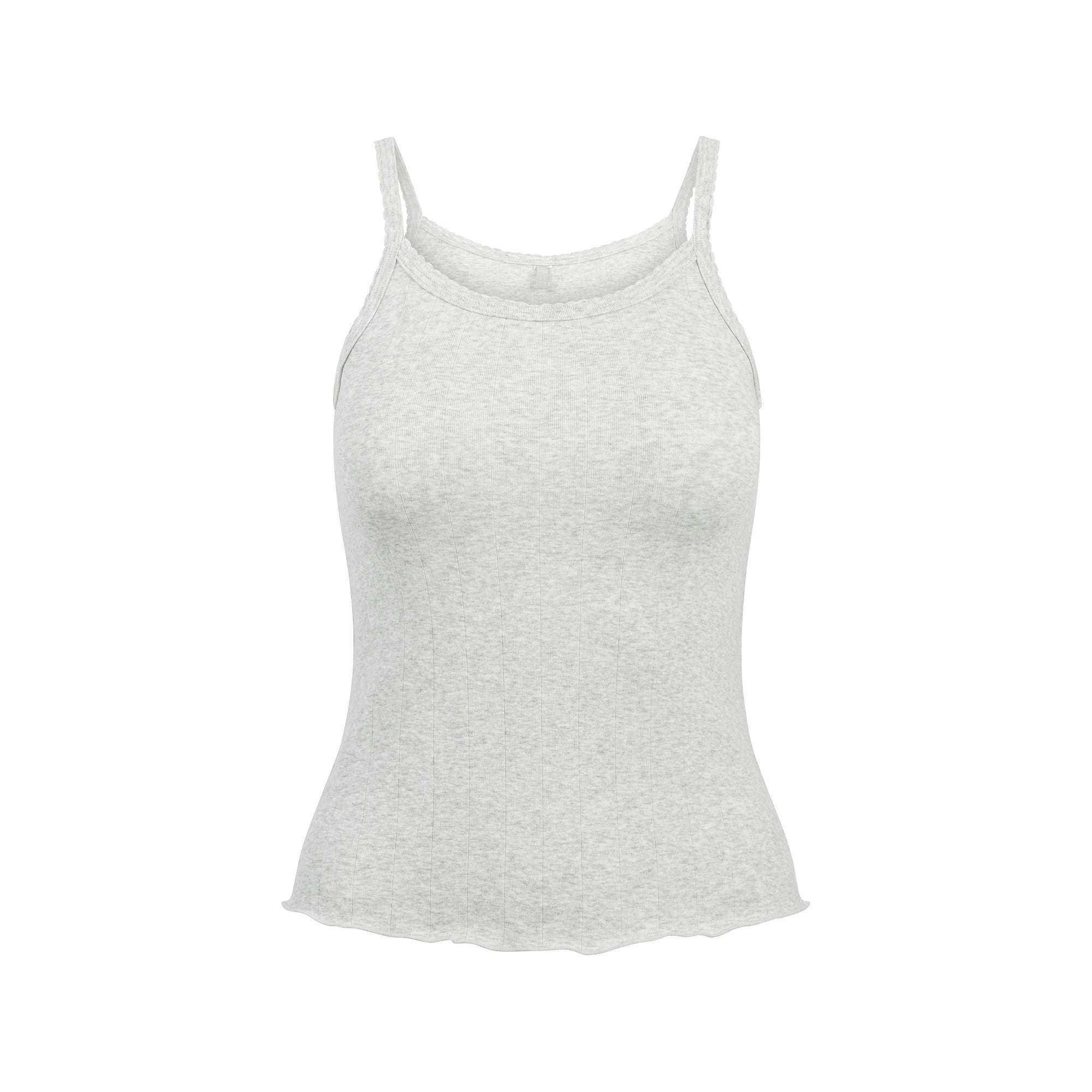 DROP NEEDLE POINTELLE LONG CAMI | LIGHT HEATHER GREY FLAT ON A WHITE BACKGROUND | FLT