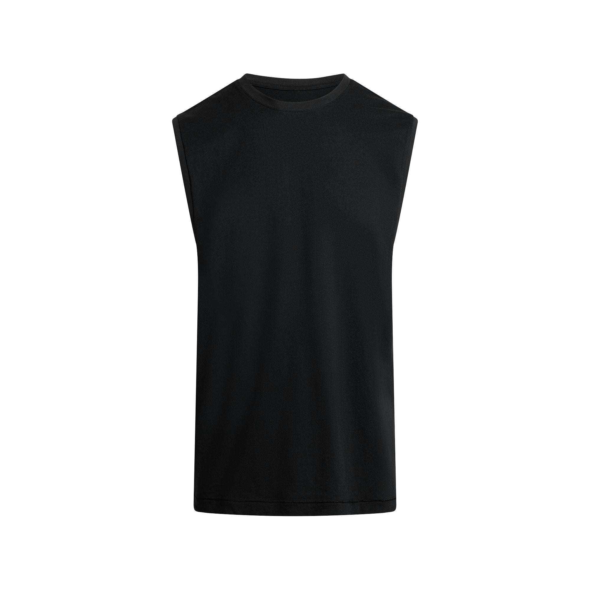 SKIMS COTTON MENS RELAXED SLEEVELESS SHIRT | ONYX FLAT ON A WHITE BACKGROUND | FLT