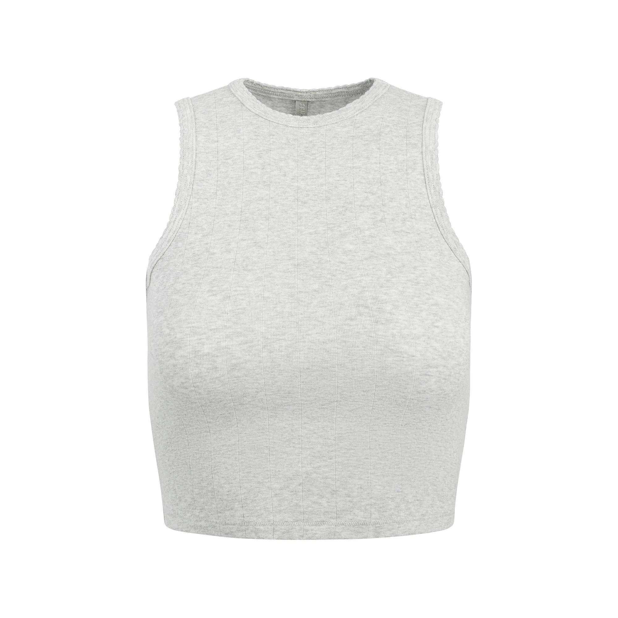 DROP NEEDLE POINTELLE CROPPED TANK | LIGHT HEATHER GREY FLAT ON A WHITE BACKGROUND | FLT