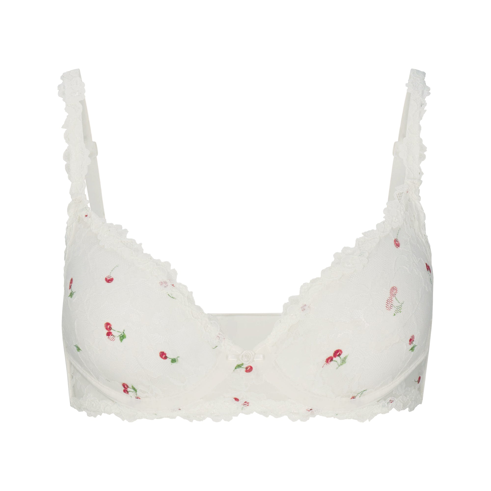 STRETCH LACE UNLINED DEMI BRA | IVORY CHERRY PRINT FLAT ON A WHITE BACKGROUND | FLT
