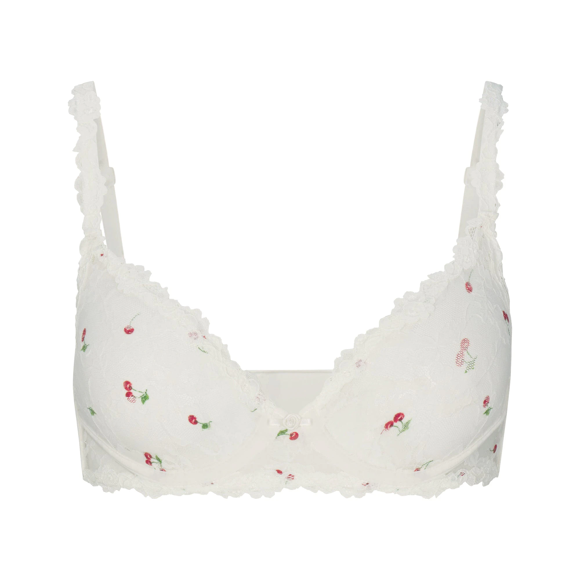 STRETCH LACE UNLINED DEMI BRA | IVORY CHERRY PRINT FLAT ON A WHITE BACKGROUND | FLT
