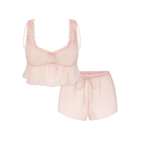 SKIMS ROMANCE BABYDOLL AND SHORT SET | MORGANITE FLAT ON A WHITE BACKGROUND | FLT
