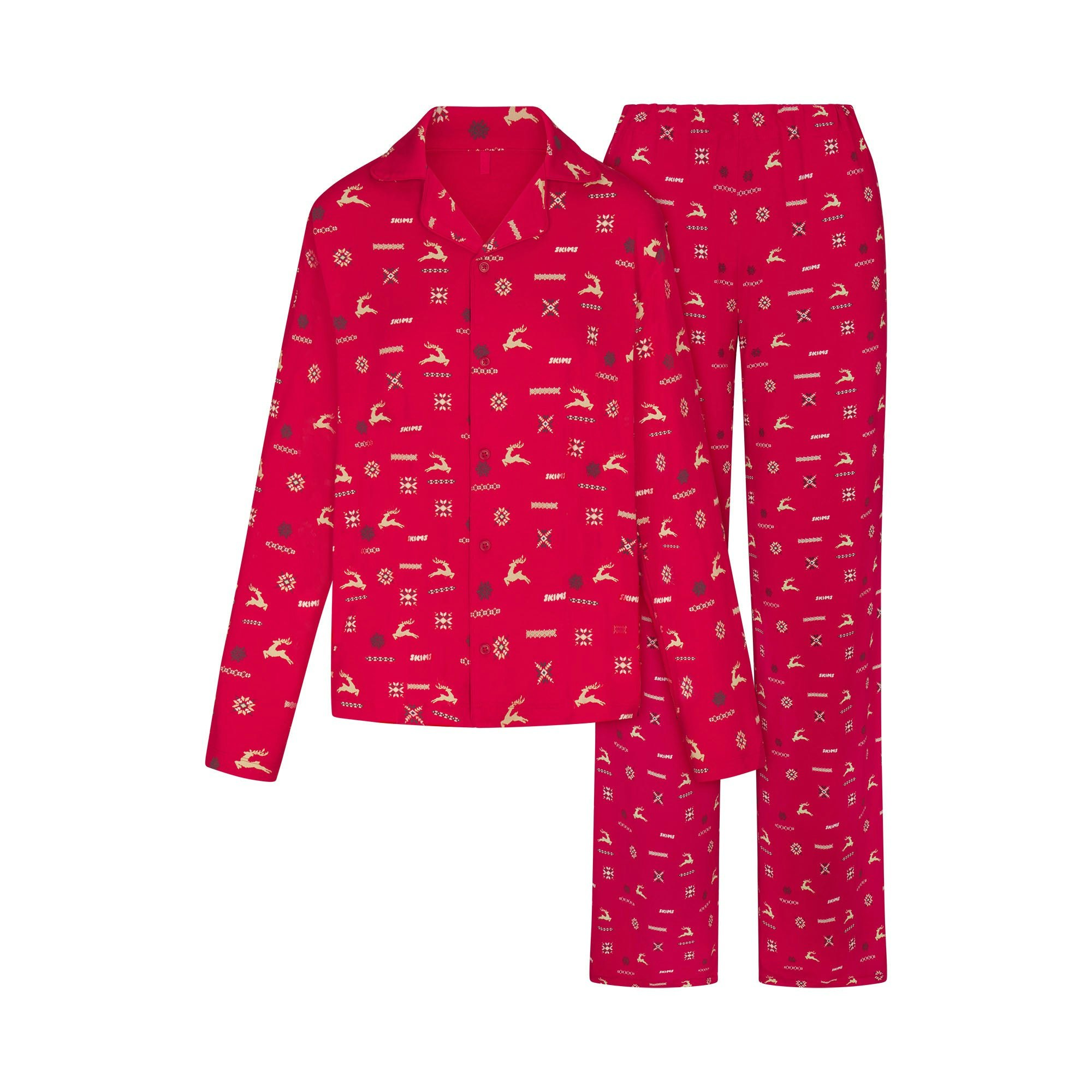 SKIMS SLEEP LONG SLEEVE BUTTON UP SET | CRANBERRY VINTAGE DEER PRINT FLAT ON A WHITE BACKGROUND | FLT