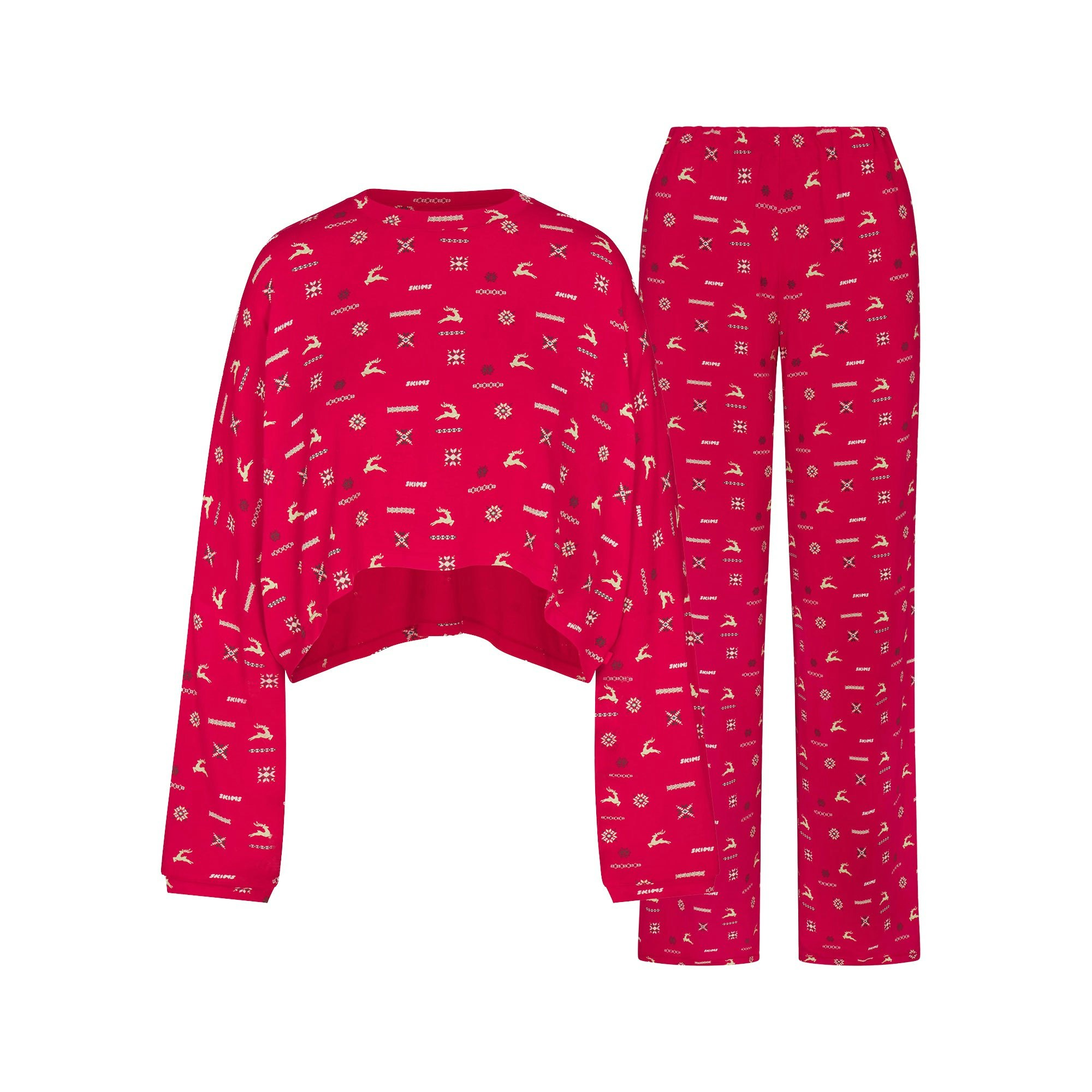 SKIMS SLEEP CROPPED LONG SLEEVE AND PANT SET | CRANBERRY VINTAGE DEER PRINT FLAT ON A WHITE BACKGROUND | FLT