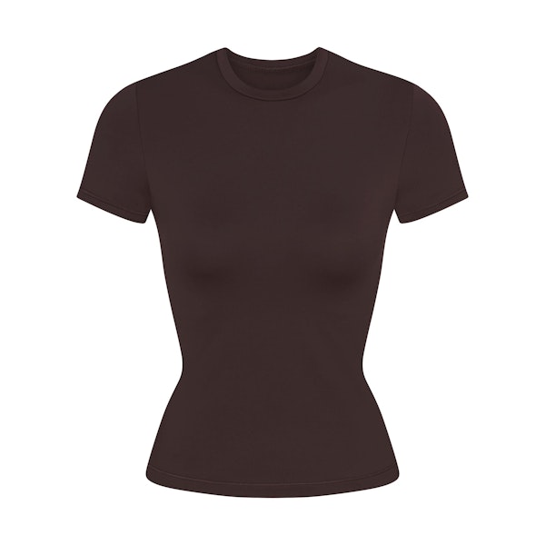 NikeSKIMS MATTE PADDED BABY TEE | DARK SEPIA FLAT ON A WHITE BACKGROUND | FLT