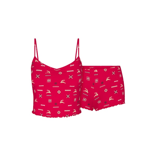 SKIMS SLEEP CAMI SET | CRANBERRY VINTAGE DEER PRINT FLAT ON A WHITE BACKGROUND | FLT