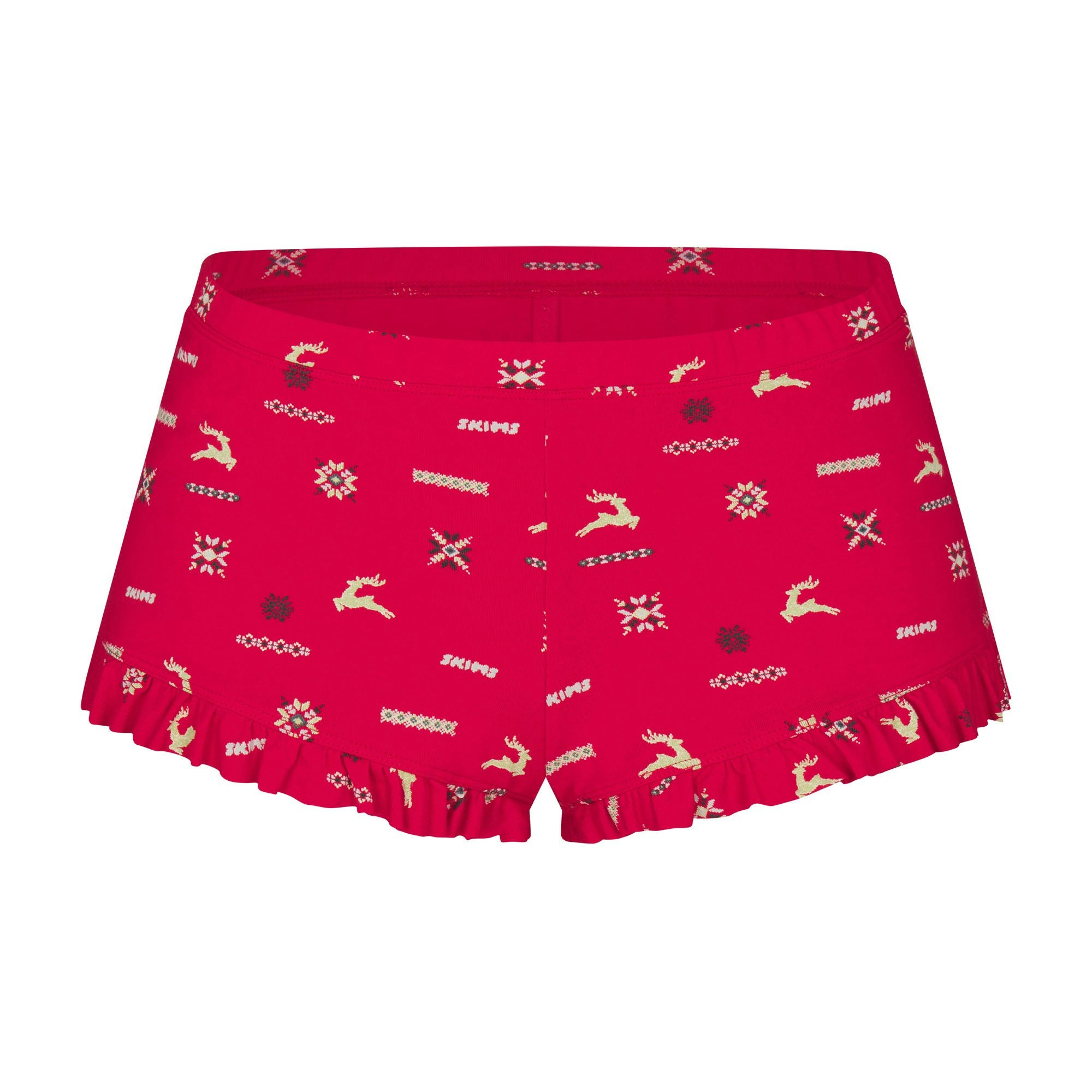 SKIMS SLEEP SCOOP NECK SLEEP SET | CRANBERRY VINTAGE DEER PRINT FLAT ON A WHITE BACKGROUND | FLT