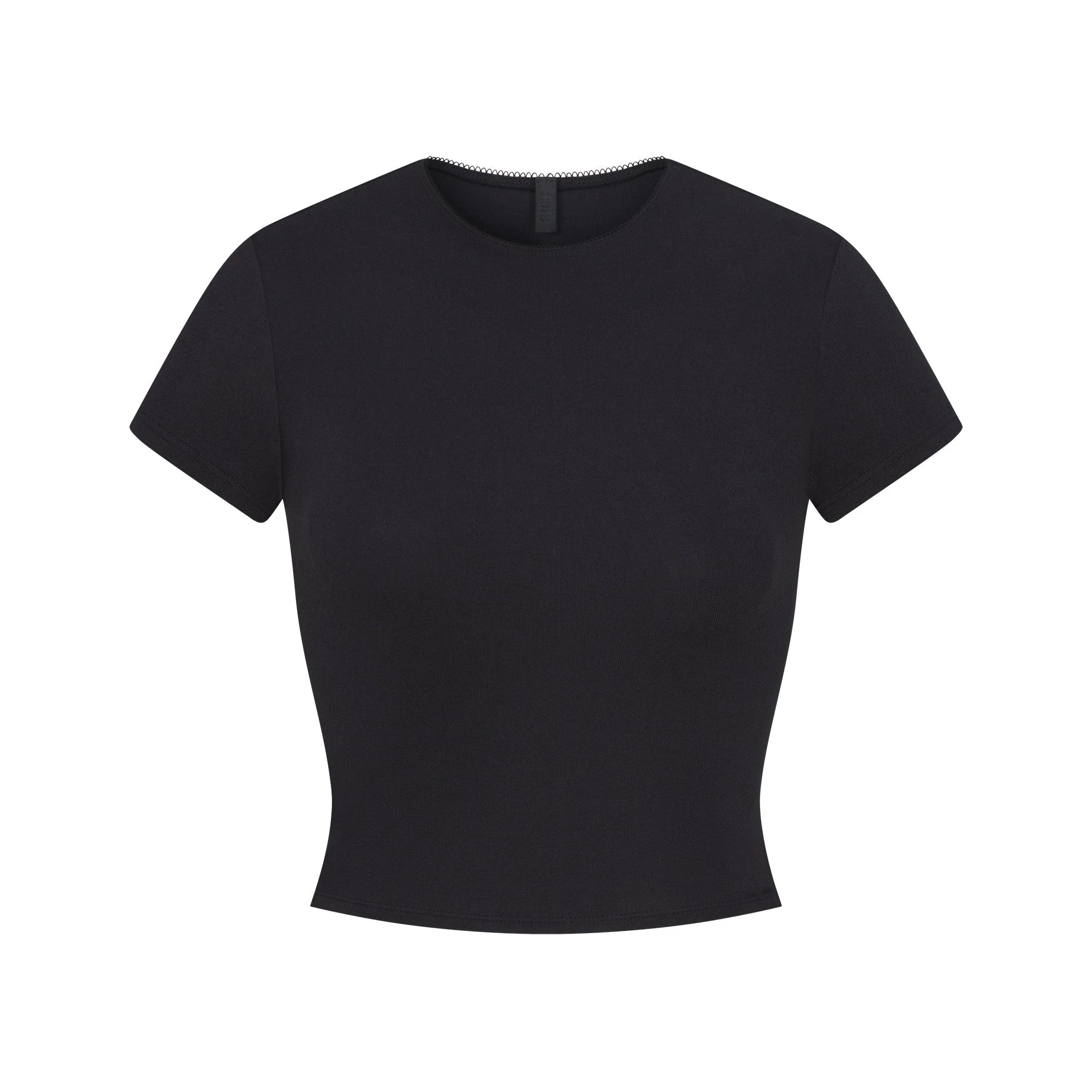 DROP NEEDLE POINTELLE BABY TEE | ONYX FLAT ON A WHITE BACKGROUND | FLT