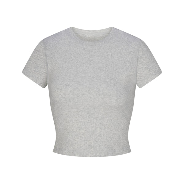 COTTON RIB SHOULDER PAD CROPPED TOP | LIGHT HEATHER GREY (T-SHIRTS, TOPS) FLAT ON A WHITE BACKGROUND | FLT