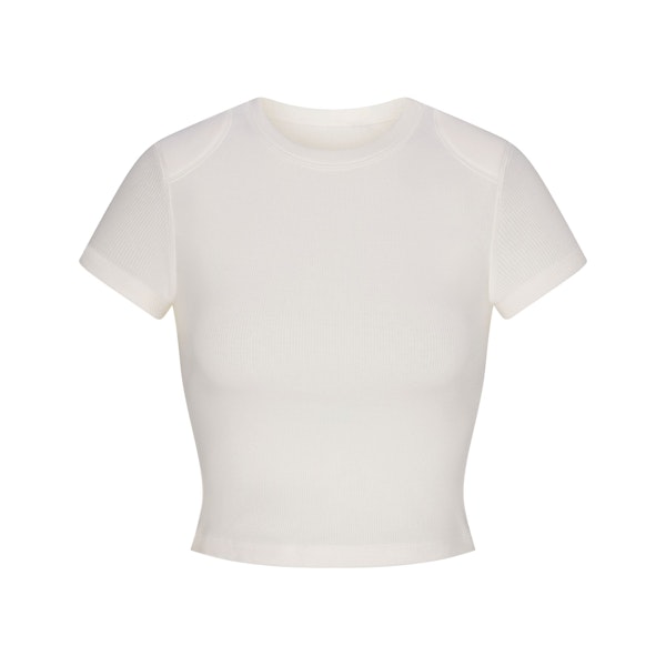 COTTON RIB SHOULDER PAD CROPPED TOP | MARBLE (T-SHIRTS, TOPS) FLAT ON A WHITE BACKGROUND | FLT