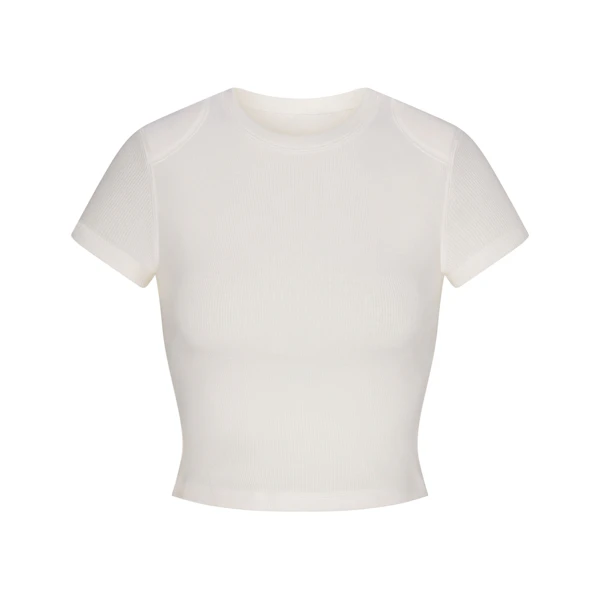 COTTON RIB SHOULDER PAD CROPPED TOP | MARBLE (T-SHIRTS, TOPS) FLAT ON A WHITE BACKGROUND | FLT